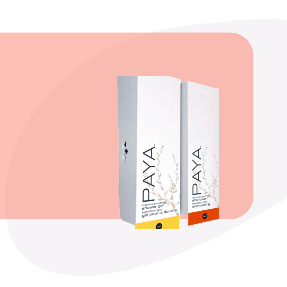 photo of Paya two-chamber wall-mounted hotel dispenser set, with individual units for Lotion and Hand Soap