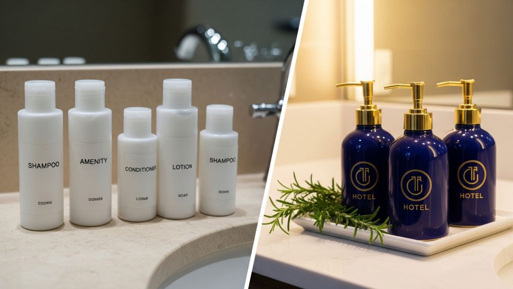 A comparison image contrasting wasteful, single-use plastic amenity bottles on the left with elegant, sustainable, and refillable hotel pump dispensers on the right.